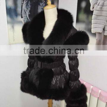 Factory price color black down coat with fox fur hood for lady