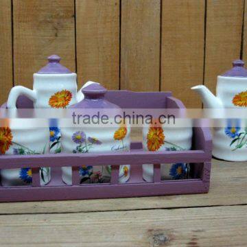 Wholesale Ceramic Condiment Set for Salt Sugar Pepper Oil and Vinegar Storage with Wooden Stand