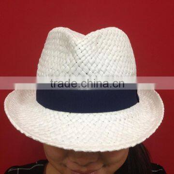 white woven paper straw hat with woven band