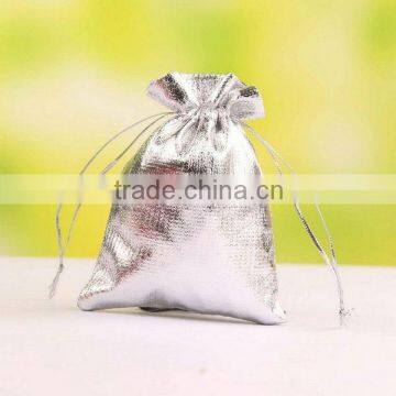 IN STOCK metallic silver fabric pouch with a drawstring cord