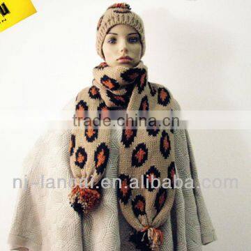 2013 fashion winter and autumn Ladies knitted leopard jacq. hat set with multi-color pom pom