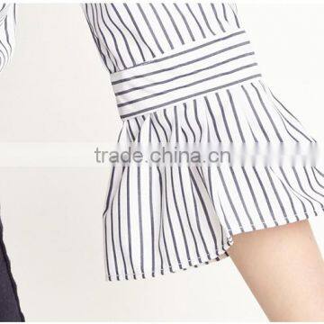 Women's Bell Sleeve Stripe Pattern Round Neck Pleated Blouse photo-4