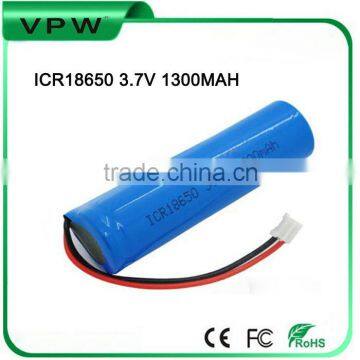 Industrial rechargeable 18650 3.7V 1300mAh Li-ion battery with cable wire