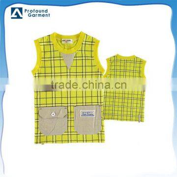 grid sleeveless kid's t-shirt kids t-shirt oem kids t-shirt 2017 with front pocket