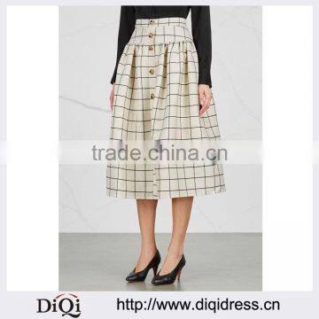 Wholesale Women Apparel Checked Front-button Cream-color Wool and Silk Blend Skirt(DQE0354SK)