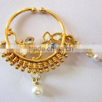 HOOP NATH Press NOSE RING GOLD PLATED KUNDAN RED GREEN photo-3
