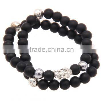 Double Layered Black Matte Beads Link Wrist Silver Buddha Bracelet