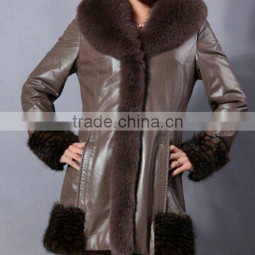 Lady's Fashion Geniune Leather Long jacket With Long Fox Fur Collar