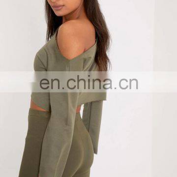 Custom High Quality Women 100% Polyester Khaki Off Shoulder Cropped Sweatshirts photo-2