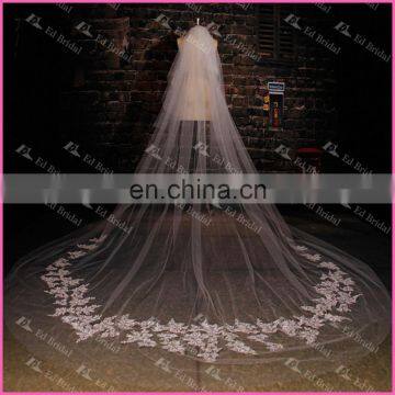 2017 Wholesale Latest Bridal Long Cathedral Lace Trim Wedding Veil photo-2