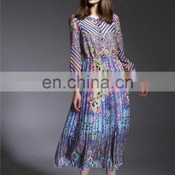 High Qualtiy Fashion Colorful Digital Printed 100% Silk Chiffon Long Sleeves Ladiyes Round Neck Maxi Dress photo-3