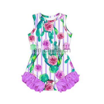 cactus pattern blooming flower purple stripe printing Toddlers loose Newborn Bodysuit ruffle Girl Romper