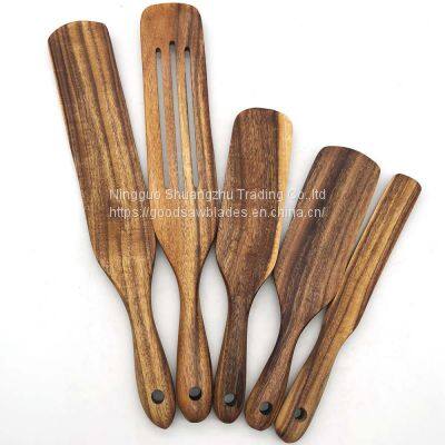 Natural Teak Kitchen Wooden Spurtle Utensil Set Heat Resistant Non Stick Wood Cookware With Hanging Hole, Slotted Spatula Sets