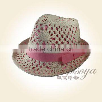 2015 young lady hat fashion woven paper hat cute white pink top hat