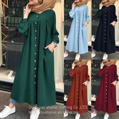 BS-FC911 Autumn Solid Loose Long Maxi Dress Cotton Caftan