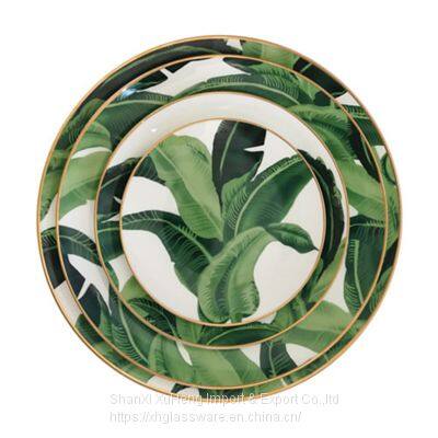 Gold Rimmed Palm Leaves Leaf Dining Table Set Ceramic Bone China Plate Wedding