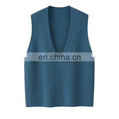 Women's Casual Rib Knitted Sleeveless Pullover V-Neck Cashmere Tank Top with Embroidered Logo Woolen Outer Wear