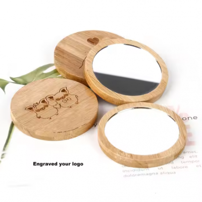 Low Quantity Carved Logo Bamboo Round Mirror Portable Mini Round Makeup Mirror Bamboo Hand Mirror in a Wooden Frame photo-3