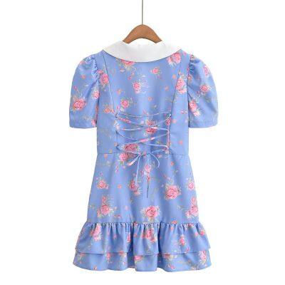 Fresh and Cute Style V-neck Puff Sleeve Collared Printed Dress for Women photo-3