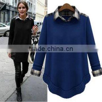 2014 spring new European lapel stitching loose long-sleeved sweater pullover sweater bottoming