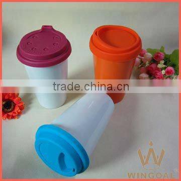 Eco-friendly ceramic double wall mug with silicon lid