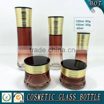 Gradient light amber colored glass cosmetics bottle and jar sets