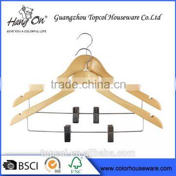 wooden clothes hanger with clips/natural color wood hanger