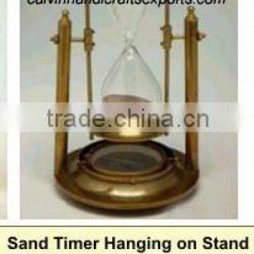 Sand timer hanging on stand with compass on base+antique look+5minutes