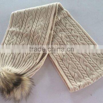 Super Good Quality Cable Machine Knitting Woman Acrylic Scarf With Faux Fur Pompoms