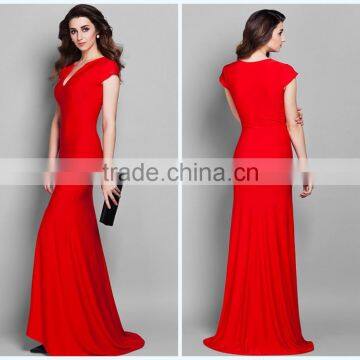 Cheap New V Neck Short Sleeves Prom Dresses Brush Train Mermaid Red Vintage Evening Dress HA-152