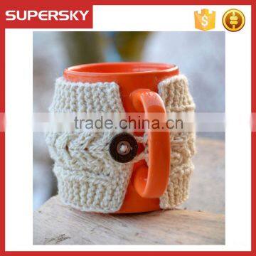 V-76 Button cable knitted crochet mug sleeve warmmer coffee cup mug sweater