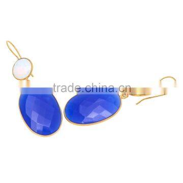 Chalcedony and Opalite earrings gold bezel bezel Earring Long Blue Gem Earrings Beautiful Gift