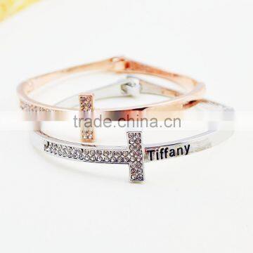 High Quality Cross Shape Bangle Accessory Half Smooth Carved English Character Half Inlay Full Rhinestone Christain Bracelets