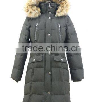 Women Winter Knee Length Rib Collar Duck Down Puffer Jacket With Fur Hood photo-3