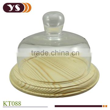 cake glass bell with wood tray customized glass bell with handle for kitchen