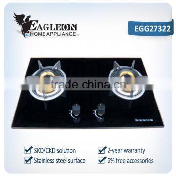 EGG27322 73cm Vietnam temper glass built-in 2 burner gas stove/ gas cooker/ gas hobs, double brass burners, copper gas pipe