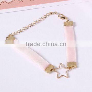 Gold Hollow Star Charm Silk Ribbon Bracelet