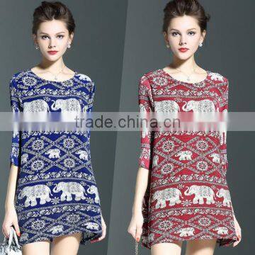 Spring plus size elephant print lady plicated casual dresses