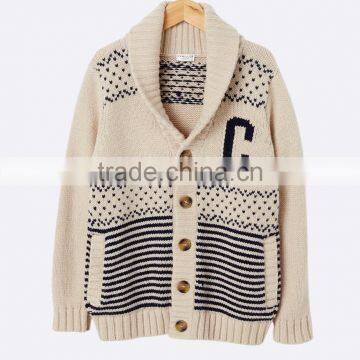 High Quality Boy's jacquard chunky knit warm cardigan with elegant shawl collar off-white sweater (BKNB01)