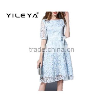 high quality lastest fashion Boat Neck Knee Length lace chiffon dress women