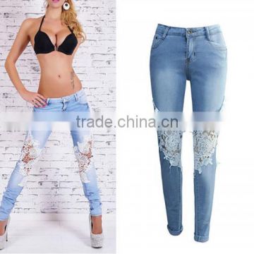 High Waist girls Jeans hollow Lace patchwork light blue new women sex pants