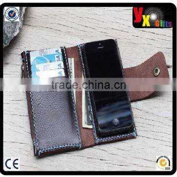 iPhone5/ Soil brown leather cellPhone wallet with case/ extra pockets/ blue wax cord stitching/art supplies kids