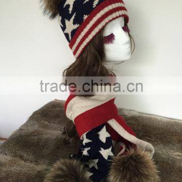 British and American Style Fashion Beanie Hat and Scarf Set With Natural Big Raccoon Fur Ball Decorate photo-3