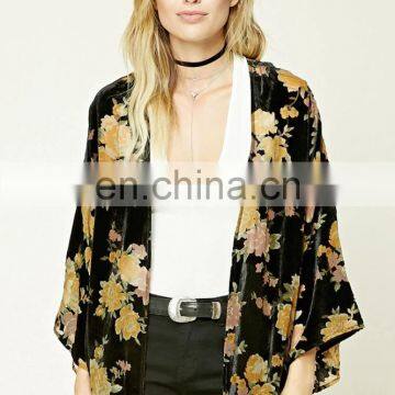 Beautiful design floral print three quarter length sleeve contemporary velvet kimono CK009