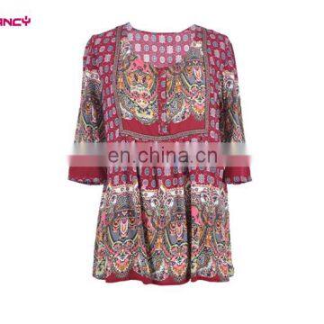 Aged Woman Square Neckline Ethnic Paisley Print Border Blouse from GuangZhou