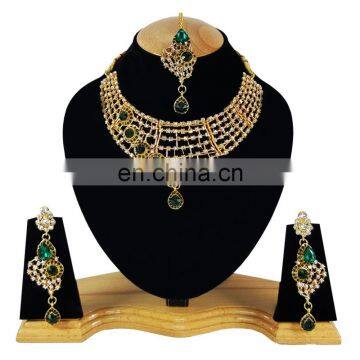 One Sided designer Green Color Stone Gold Plated Kundan Zerconic Necklace Earrings Tikka