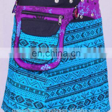 Deep Sky Blue Trivial Print Cotton Fabric Gypsy Wrap Around Skirt With Bag Belt HHCS 140 E photo-2