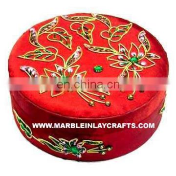 Round Zari Hand Embroidery Jewelry Box