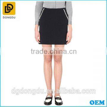 Professional black tight mini skirt for office lady with perl on the pcoket