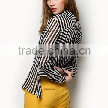 2015 Ladies' White and Black Stripe Long Sleeve Chiffon Blouse for Summer